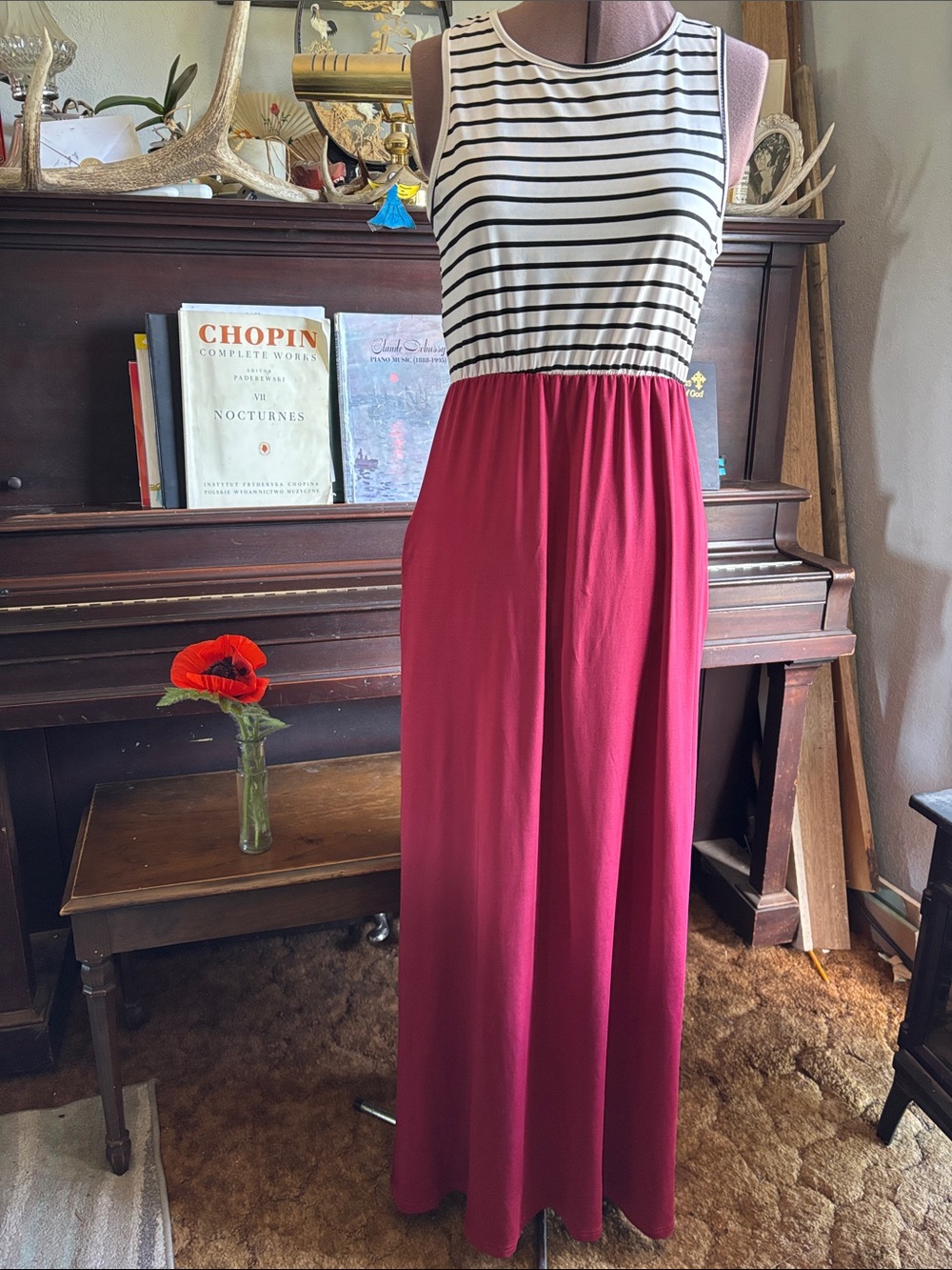 Striped Bodice Burgundy Maxi Dress